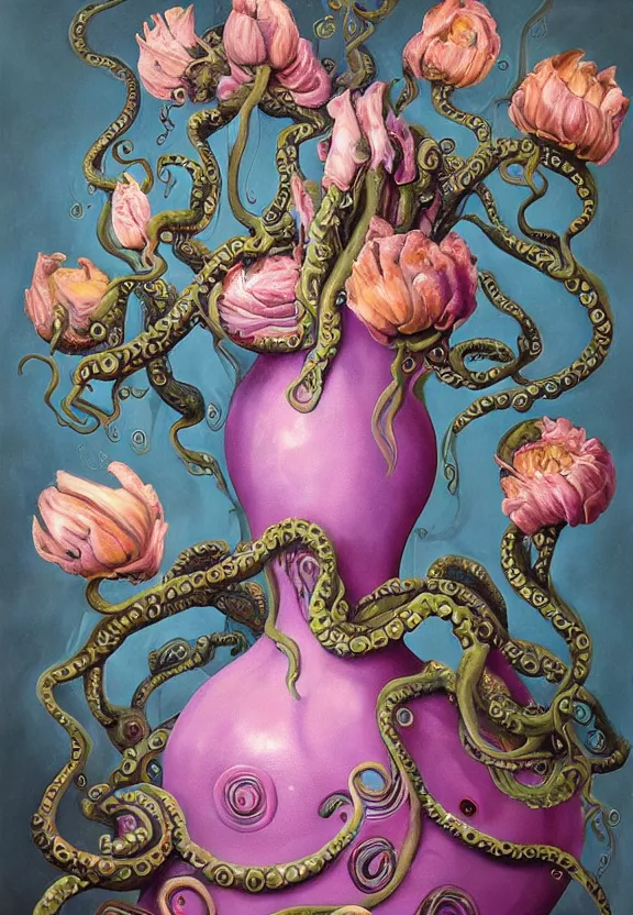 Prompt: a biomorphic painting of a vase with flowers with eyeballs and tentacles, surrealist painting by marco mazzoni, by dorothea tanning, pastel blues and pinks, melting, plastic, skull, featured on artstation, metaphysical painting, oil on canvas, fluid acrylic pour art, airbrush art, seapunk, rococo, lovecraftian