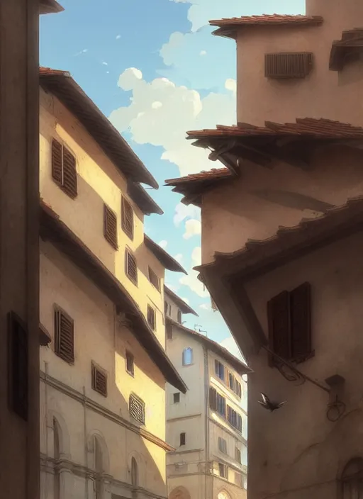 Image similar to florence italy in 1 8 2 0, an angle holds a nightingale bird on an outstretched hand, finely detailed perfect art, gapmoe yandere grimdark, trending on pixiv fanbox, painted by greg rutkowski makoto shinkai takashi takeuchi studio ghibli