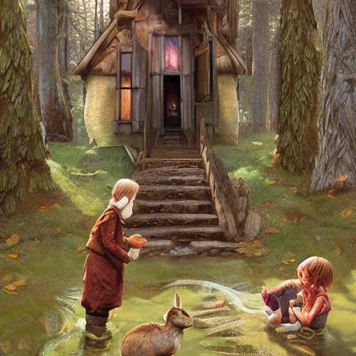 Image similar to brother grimms fairytale lakehouse rabbit digital art, irina french, heraldo ortega, mandy jurgens trending on artsation golden ratio 8 k 1 5 0 mpx