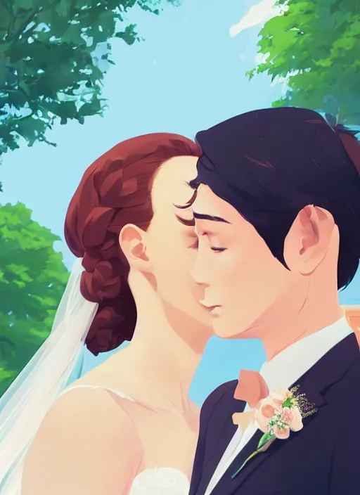 Image similar to a bride and groom on their wedding day. clean cel shaded vector art. shutterstock. behance hd by lois van baarle, artgerm, helen huang, by makoto shinkai and ilya kuvshinov, rossdraws, illustration, art by ilya kuvshinov