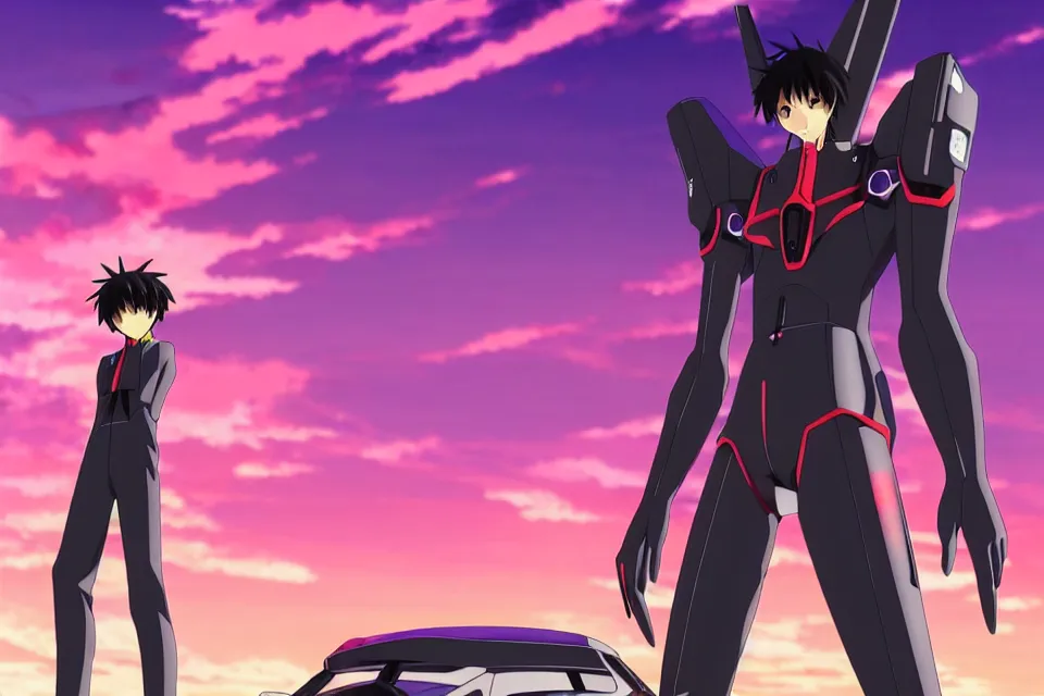 Image similar to anime illustration of black detailed evangelion eva - 0 1 standing menacingly behind ikari shinji on an empty highway at sunrise, cinematic lighting, evangelion anime poster, rebuild of evangelion 1 0 8 0 p, 9 0 s anime aesthetic, volumetric lights, rule of thirds, unreal engine render, pinterest wallpaper, trending on artstation