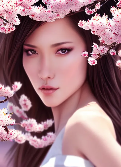 Image similar to photo of a gorgeous female in the style of stefan kostic, realistic, half body shot, sharp focus, 8 k high definition, insanely detailed, intricate, elegant, art by stanley lau and artgerm, extreme blur cherry blossoms background