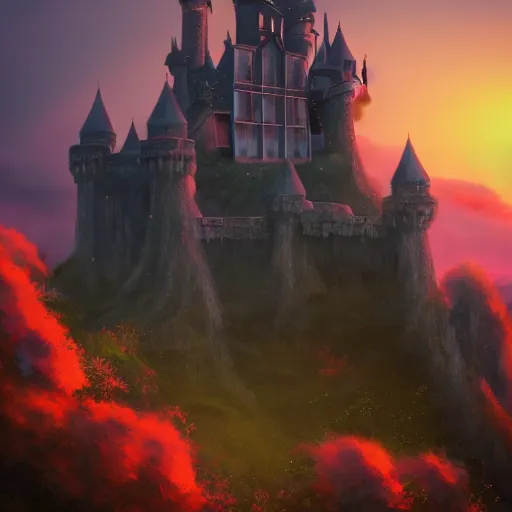 Prompt: a magical castle on the clouds, sunset, epic, trendy on artstation, 4 k