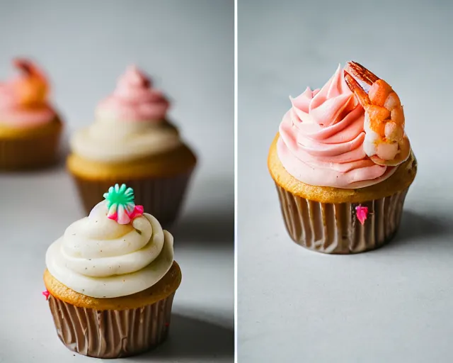 Prompt: dslr food photograph of a cupcake with colored frosting and a shrimp on top, 5 0 mm f 1. 4