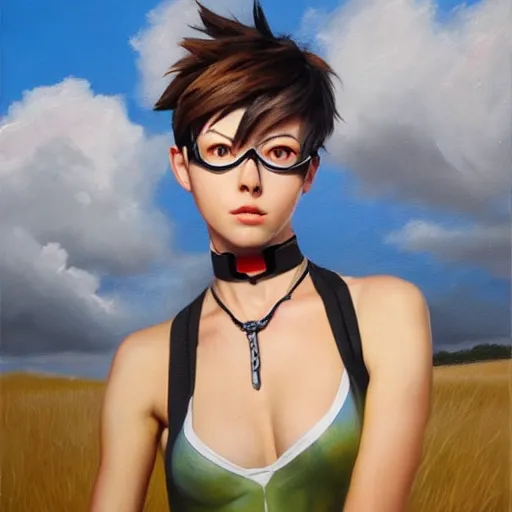 Image similar to oil painting of tracer overwatch in a field, in style of mark arian, expressive face, very detailed face, wearing large steel choker, very detailed eyes, full body, feminine face, detailed makeup on eyes,