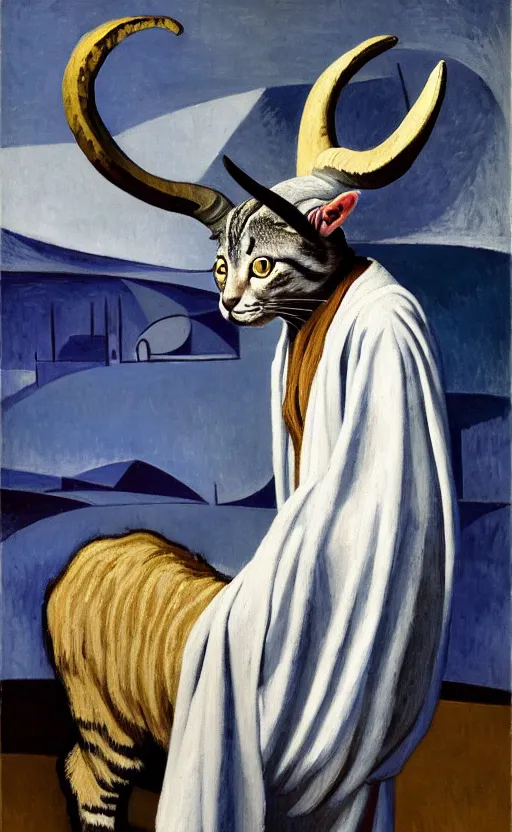 Prompt: a bipedal cat that has two goat horns and is wearing robes, matte oil painting, by pablo picasso, d & d, character reveal, fantasy, concept art, cosmic, magical, fog, noble, full body portrait, intricate, ornate, extremely detailed, cult, ritual, sharp focus, 4 k, 8 k