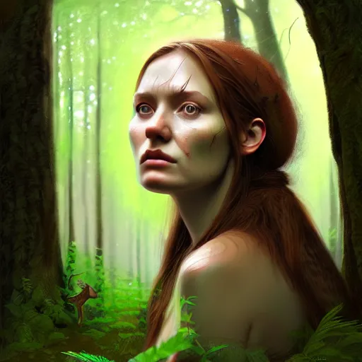 Prompt: a female woodland druid surrounded by forest animals, in the woods, hyper realistic, digital painting, photorealistic, in the style of greg rutkowski, detailed face, symmetrical face