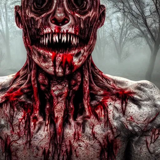 Image similar to A realistic detailed photo of a creepy demon, blood, exploded belly, red eyes, destroyed body, dead skin, dead trees, detailed body, teeth filled with cavities, foggy landscape, creepy, light particles, detailed light, realistic shaders, trending on artisation, detailed textures, detailed, realistic.