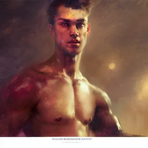 Image similar to handsome portrait of a young guy fitness posing, war hero, cunning, radiant light, caustics, reflective water, by gaston bussiere, bayard wu, greg rutkowski, giger, maxim verehin