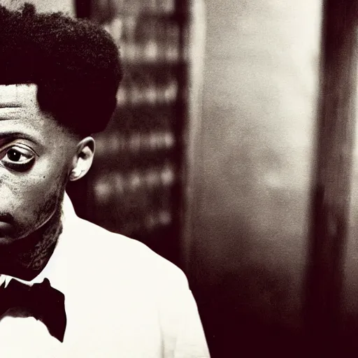 Image similar to vintage noir film still of rapper 21 Savage starring in a Horror film in the style of Wes Craven, shallow depth of field, 1933