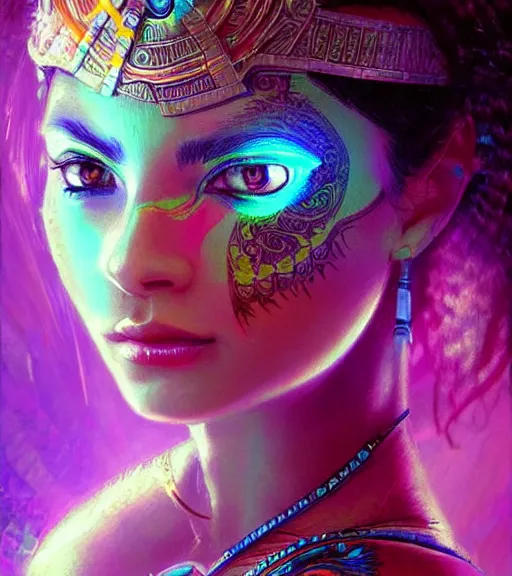 Image similar to beautiful intricate exquisite mayan princess realistic face, beautiful eyes, neon colors, drawing, in the style of greg rutkowski, fantasy, amazing detail, epic, intricate, elegant, smooth, sharp focus