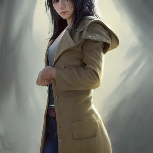 Image similar to upper body portrait of a girl from final fantasy live action, with short black hair and green eyes in a tan trenchcoat, award winning, masterpiece digital painting by greg rutkowski, alex grey, artstation, 4 k wallpaper,