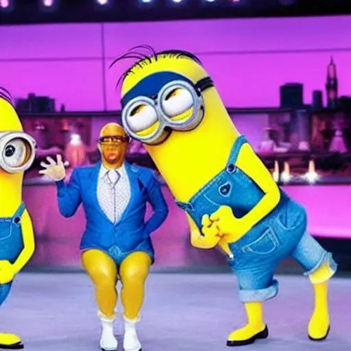 Image similar to minions competing on ru Paul’s drag race