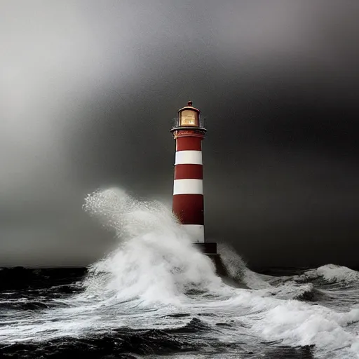 Prompt: Stormy sea waves crashing on a lighthouse, dramatic, in the style of Michal Karcz