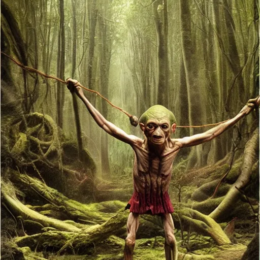 Image similar to Gollum makes twine in rainy forest