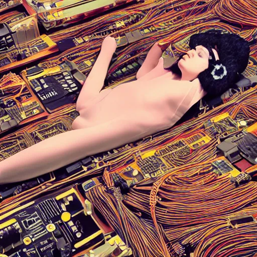 Image similar to tapping in to something greater, piles of modular synth cables, goddess laying down wearing a big headpiece made of circuit boards in a photo shoot for balenziaga, wlop, stanley kubrick, masamune, junji ito, unique perspective, eastman color, perfect details, trending on artstation, 3 d render, smooth render