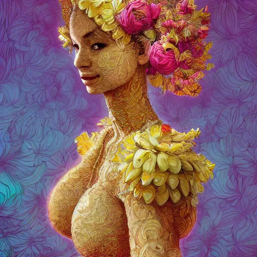 Prompt: the portrait of the most beautiful, graceful, and elegant woman made of bananas and petals, an ultrafine detailed illustration by kim jung gi, irakli nadar, intricate linework, bright colors, final fantasy, behance contest winner, angular, unreal engine 5 highly rendered, global illumination, radiant light, detailed and intricate environment