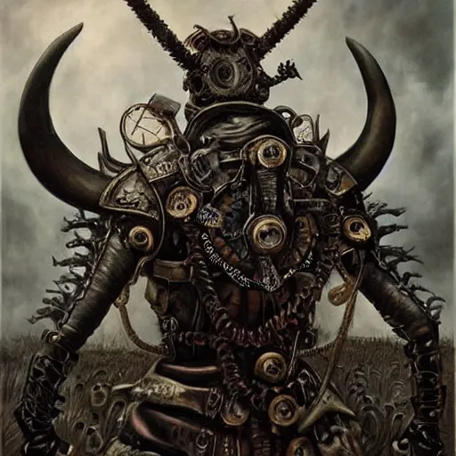 Image similar to a hyperrealistic portrait painting of a beautiful woman with demonic horns wearing steampunk goggles and ornate leather armor, walking into battle against an immense demonic army, by santiago caruso, highly detailed,