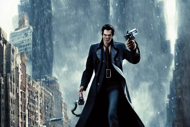 Image similar to vfx movie suave handsome grinning vampire with long white hair, trench coat, dual wielding large revolvers, ascending into the air in a shattered reality of new york city, by emmanuel lubezki