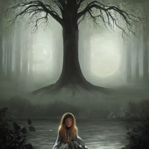 Image similar to an ultra realistic painting of a girl in a silver dress sitting in a gigantic ancient tree next to a pond at night, surrounded by a towering dark forest, the moon can be glimpsed through the trees and is veiled by fog, fog obscures the background, midnight, dark fantasy, fantasy forest, spooky forest, highly detailed, concept art