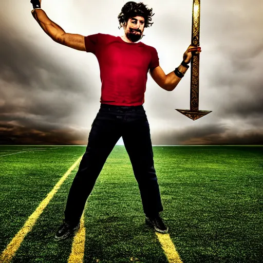 Prompt: Greek demigod wearing modern clothes wields a golden sword in the air and invokes a thunderstorm, long shot in a football field, 14mm, award-winning