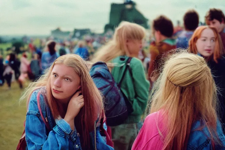 Image similar to candid photo of teenager girls first trip to Glastonbury, UK, Kodak Portra 200,8K,highly detailed: beautiful perspective closeup environmental portrait photo in style of 2000s retrofuturism, cinema lighting , by beksinski, photography fashion edition, tilt shift, highly detailed, focus on man ;blonde hair;blue eyes, clear eyes, soft lighting