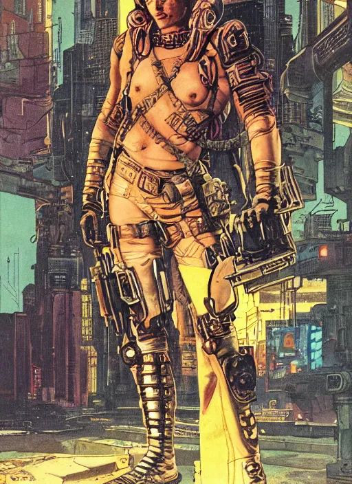 Prompt: cyberpunk mercenary. portrait by clyde caldwell and mœbius and will eisner and gil elvgren