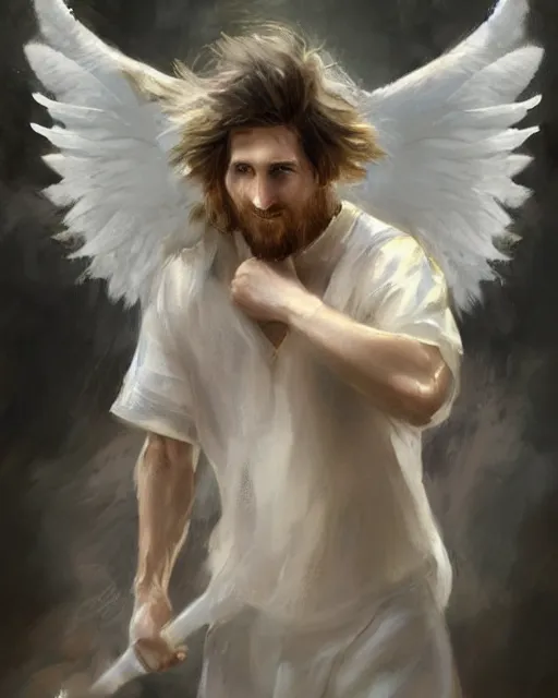 Prompt: messi, the one - winged!!!!!!! angel, male!!!!!!!, long white hair, by daniel gerhartz, trending on artstation