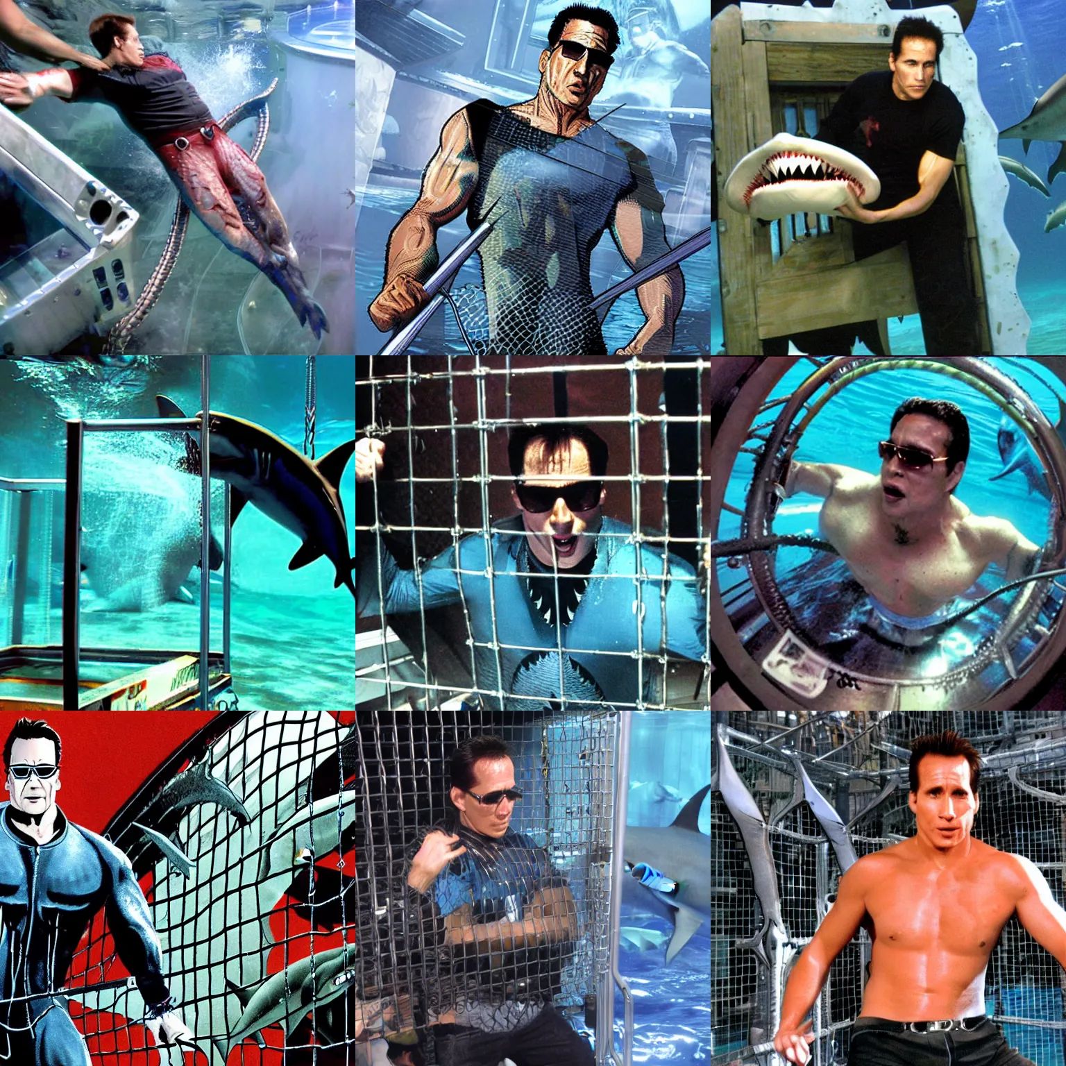 Prompt: johnny cage in a shark cage