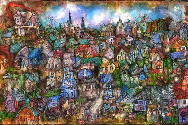 Prompt: a fantasy town, mixed media, whimsical,