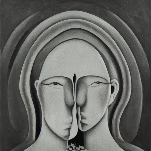 Image similar to perfectly centered symmetrical split male and female portrait of man and woman in love sharing one heart ; art by gertrude abercrombie