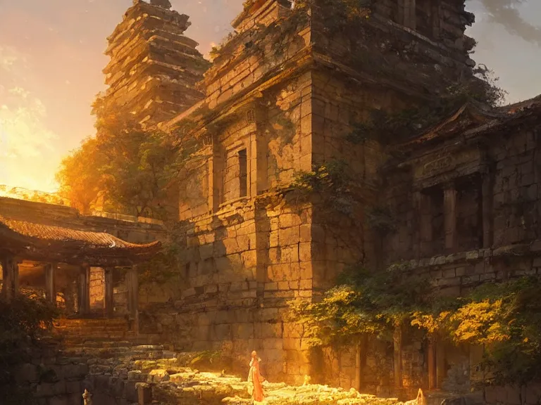 Prompt: ancient city ruins, ⛩, oil painting, 8 k, beautiful, vine, golden light, highly detailed, smoothly, artstation, cinematic, concept art, by wlop, by greg rutkowski, by artgerm