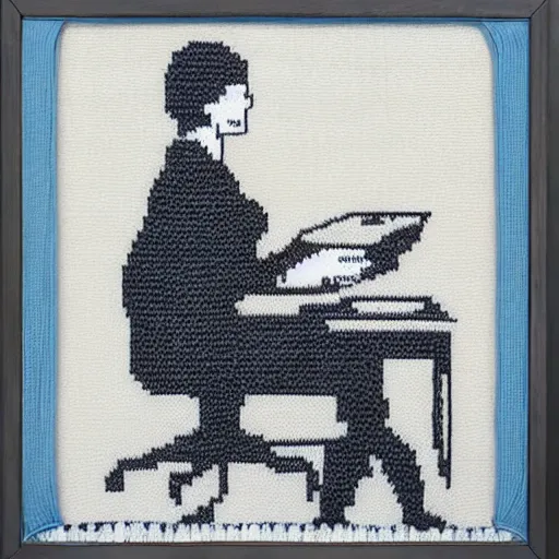 Image similar to a portrait of a secretary sitting behind a desk, 1 9 7 0 th knitted burda style,