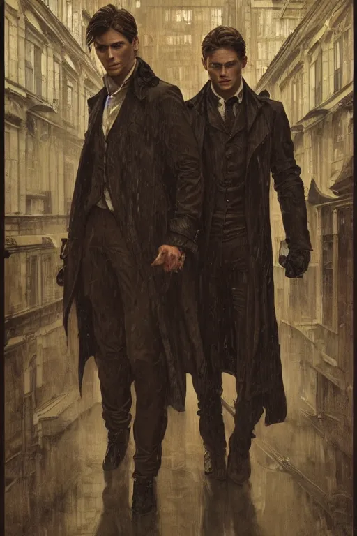 Prompt: a detailed matte portrait of sam and dean winchester in a supernatural sherlock holmes story, 1 8 th century london in the rain, city streets, ominous, masterpiece, 8 k, art by alphonse mucha and greg rutkowski