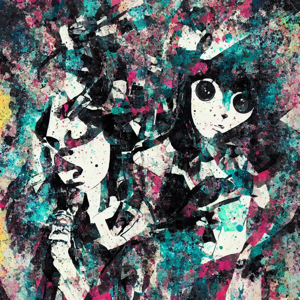 Image similar to girl figure, abstract, jet set radio artwork, ryuta ueda artwork, cryptic, rips, spots, asymmetry, stipple, lines, glitches, color tearing, pitch bending, stripes, dark, ominous, eerie, hearts, minimal, points, technical, old painting, natsumi mukai artwrok, folds