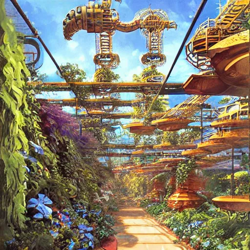 Image similar to steampunk walkway garden geometric hyper realism airbush digital art detailed by john berkey, paul lehr, syd mead, m. c. escher, james christensen, wlop, artgerm, frank gehry