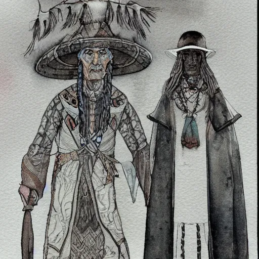 Image similar to a 3 / 4 view watercolor ink painting of old shaman and american man near, old mexican magician closes eyes, gray haired, in the style of jean giraud in the style of moebius trending on artstation deviantart pinterest detailed realistic hd 8 k high resolution