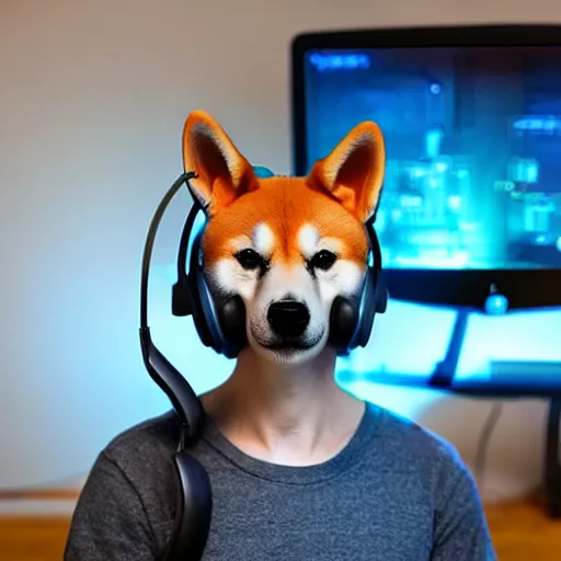 Image similar to shiba inu wearing a gaming headset, playing on computer with screen glowing on face, digital art