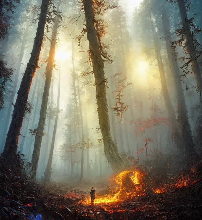 Image similar to flaming forest Ultra realistic! 25mm f/1.7 ASPH Lens backlit, strong rim light, highly detailed, digital painting, HDRI, by Alvaro Castagnet + Peter Mohrbacher + Dan Mumford + vivid colors + high contrast, 8k resolution, intricate, photorealistic, smooth