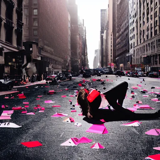 Prompt: a girl trapped under a big pile of backpacks, raf simons campaign, dramatic lighting, new york city