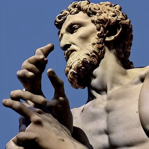 Image similar to “a statue of michelangelo looking at his computer in shock”