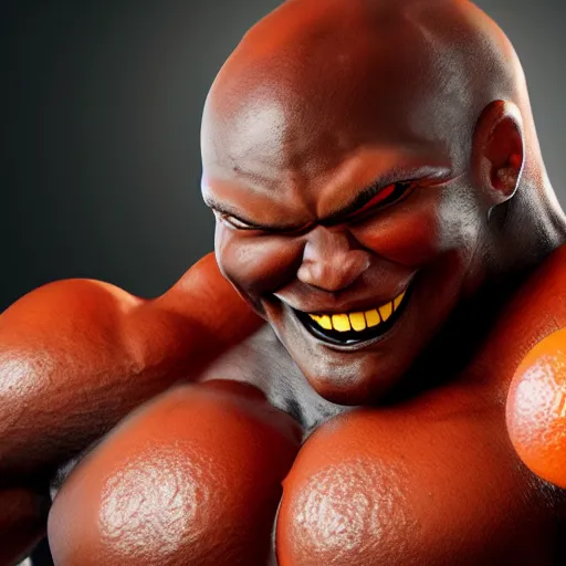 Image similar to extremely muscular man with peeled orange as head, and crayon painted face, excessively grinning, wide eyed, hyperrealistic, unreal engine, claymation