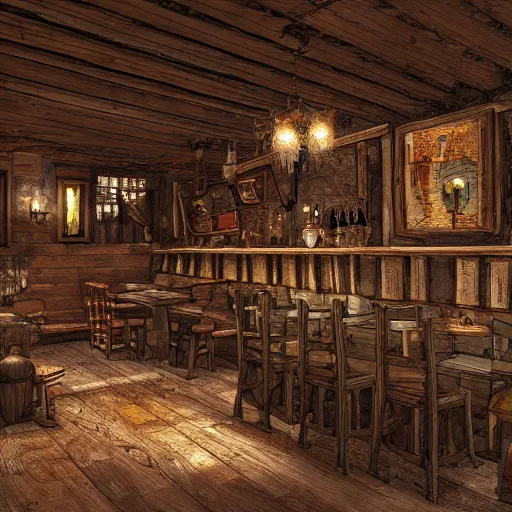 Image similar to Interior design Tavern in Mixed style Medieval and Cybepunk, Many details