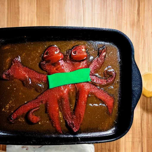 Image similar to photo of Gumby being melted in a pan of hot oil