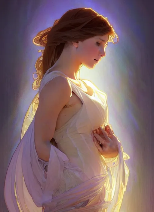 Image similar to a digital concept art by artgerm and greg rutkowski and alphonse mucha. clear portrait of a young wife blessed by god to uncontrollably become overwhelmingly perfect!! blonde, clothes, divine body!! light effect. hyper detailed, character concept, glowing lights!! intricate, elegant, digital painting, artstation, smooth, sharp focus