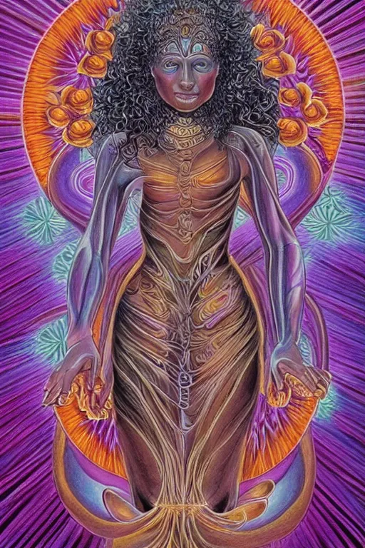 Image similar to goddess of souls holding beautiful flowers in her hands, epic, cinematic, by alex grey