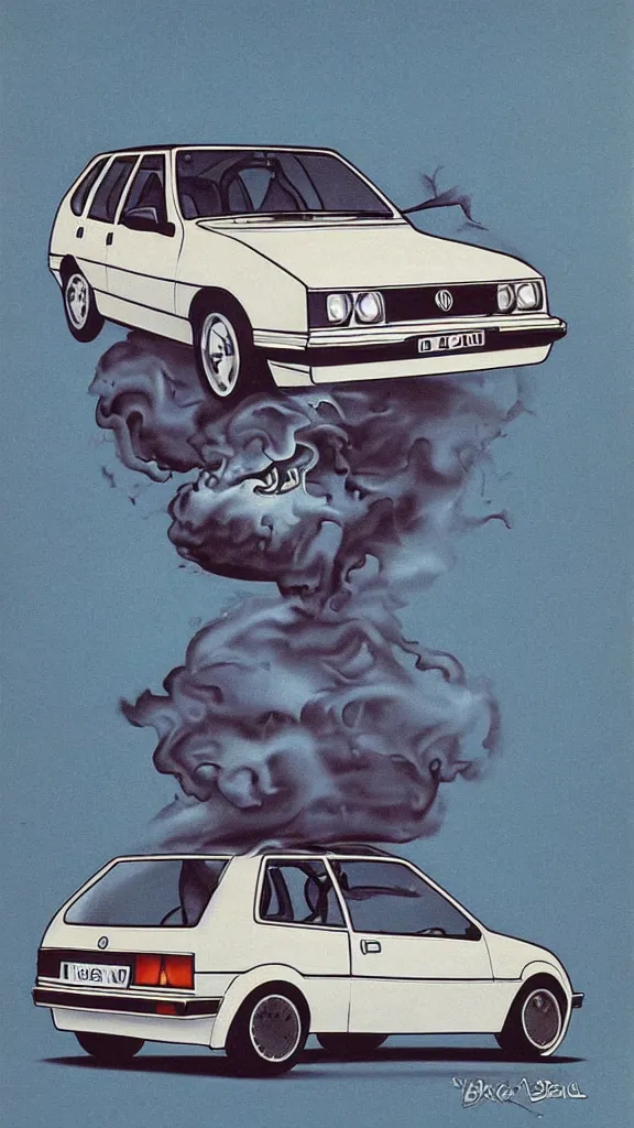 Prompt: 1 9 8 0 s airbrush surrealism illustration of a vw golf