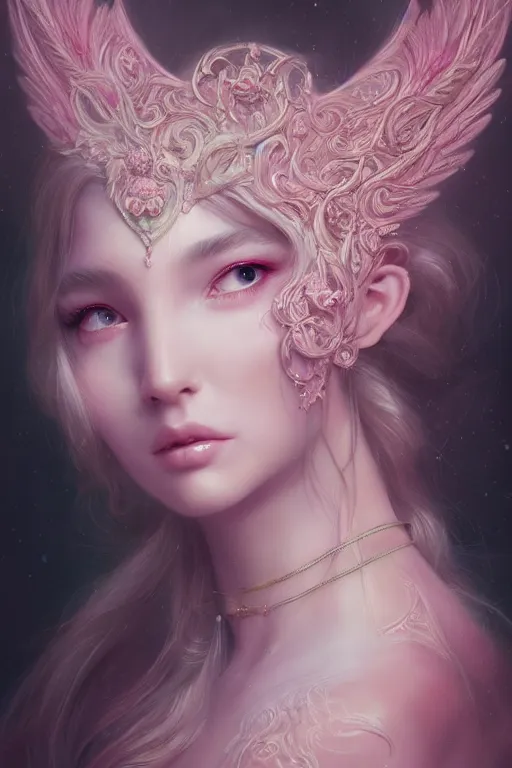 Image similar to Soft Portrait of a goddess of love, pastel pink, dark fantasy, intricate, elegant, highly detailed, photographic, full-body portrait, artstation, concept art, smooth, sharp focus, art by artgerm