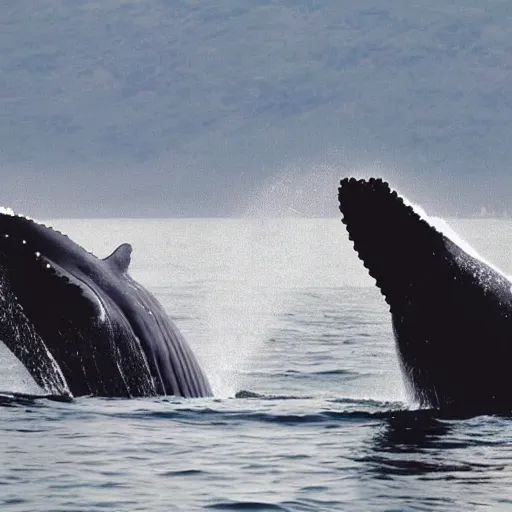 Prompt: two whales talking about food with captions