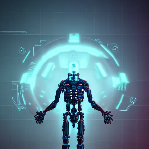 Prompt: cybernetic overlord of the demonverse, skull, upper torso included, medium shot, 1 0 0 mm lens, f 2. 8, hard surface, ceramics, reflections, ambient occlusion, raytracing, unreal engine 5, pixel art 8 - bit, by beeple